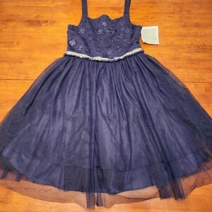 Tween Bonnie Jean Navy Blue Floral Applique` Dress 14 Holiday Hannakuah Winter